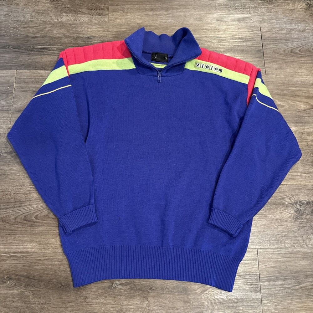 Vintage Slalom Men's Size Large Electric Blue Ski Wool Blend Sweater 1/4 Zip